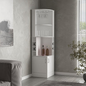 English Elm Corner Bar Cabinet with Ten Built-In Wine Slots, Cup Rack & Spacious Top Shelf for Entertaining White 46.46 L x 23.23 W x 3.15 H B097S00193