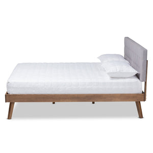 Baxton Studio Baxton Studio Mid-Century Modern King Size Platform Bed with Light Grey Upholstery & Walnut Finish Devan King SW8168-Light Grey/Walnut-M17-King