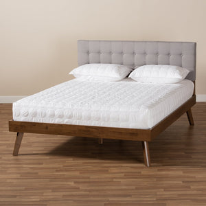 Baxton Studio Baxton Studio Mid-Century Modern King Size Platform Bed with Light Grey Upholstery & Walnut Finish Devan King SW8168-Light Grey/Walnut-M17-King