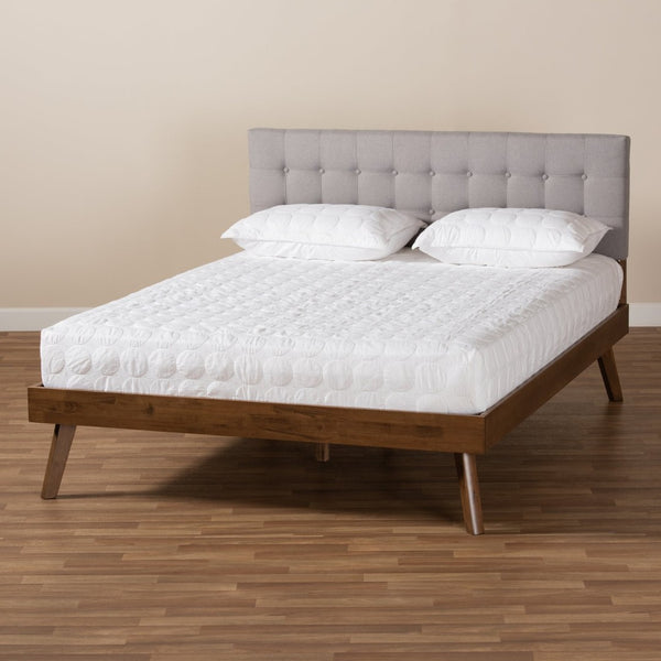 Baxton Studio Baxton Studio Mid-Century Modern King Size Platform Bed with Light Grey Upholstery & Walnut Finish Devan King SW8168-Light Grey/Walnut-M17-King