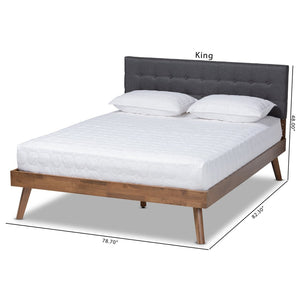 Baxton Studio Baxton Studio Mid-Century Modern King Size Platform Bed with Light Grey Upholstery & Walnut Finish Devan Dark King SW8168-Dark Grey/Walnut-M17-King