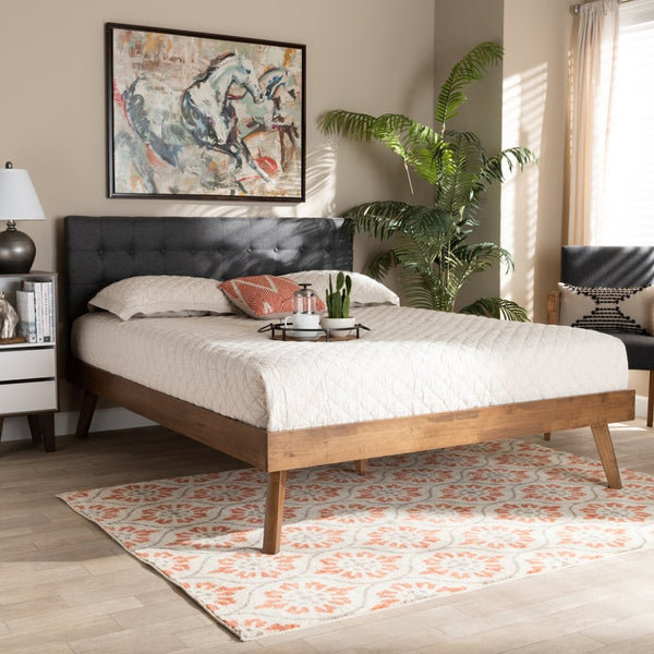 Baxton Studio Baxton Devan Queen Size Platform Bed - Modern Dark Grey Upholstered Headboard & Walnut Finish SW8168-Dark Grey/Walnut-M17-Queen