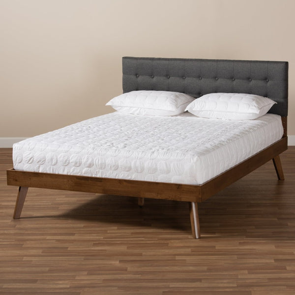 Baxton Studio Baxton Devan Queen Size Platform Bed - Modern Dark Grey Upholstered Headboard & Walnut Finish SW8168-Dark Grey/Walnut-M17-Queen