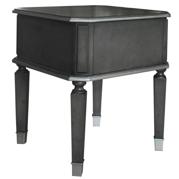 English Elm Charcoal End Table with 1 Drawer, 2/3 Glide, Silver Trim & Tapered Legs — Stylish Storage Accent B062P185733
