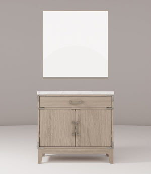 English Elm Grey Oak Single Bath Vanity 36in W x 22in D with Carrara Marble Top, Soft-Close Storage & 34in Mirror B2731S01462