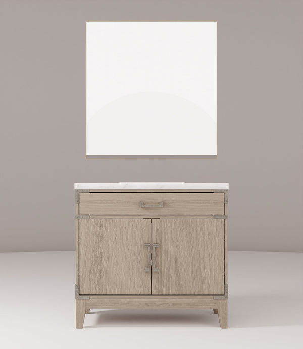 English Elm Grey Oak Single Bath Vanity 36in W x 22in D with Carrara Marble Top, Soft-Close Storage & 34in Mirror B2731S01462