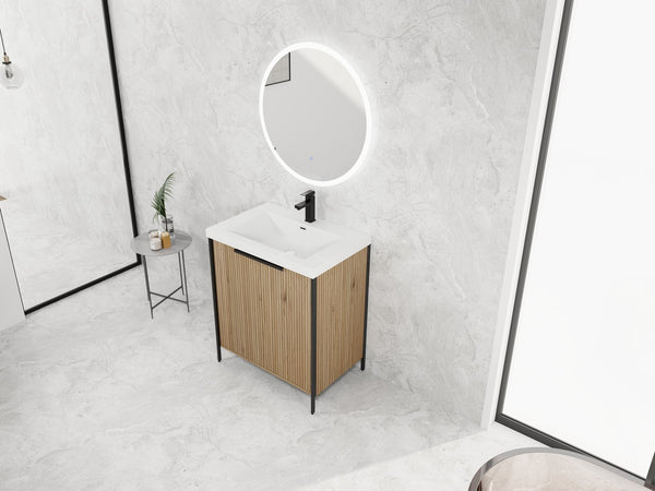 English Elm 30" Modern Freestanding Bathroom Vanity with Resin Sink, Soft-Close Doors, Adjustable Shelf, Durable Plywood Finish Light Coffee W999S00295