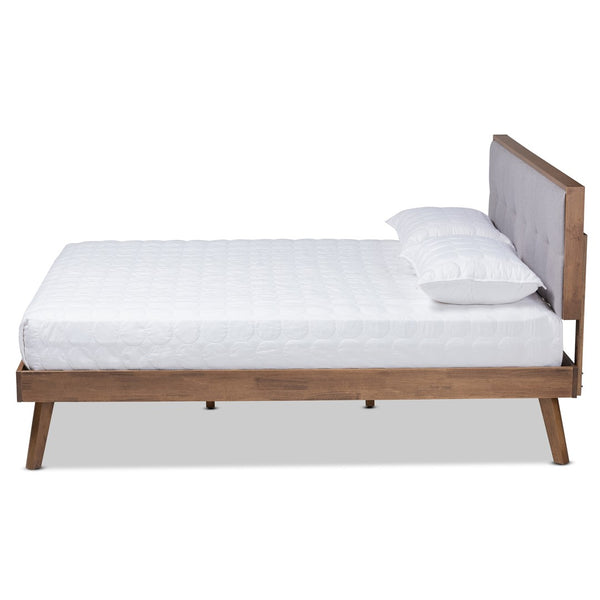 Baxton Studio Baxton Studio Alke Queen Size Mid-Century Modern Platform Bed with Upholstered Grey Headboard SW8180-Light Grey/Walnut-M17-Queen