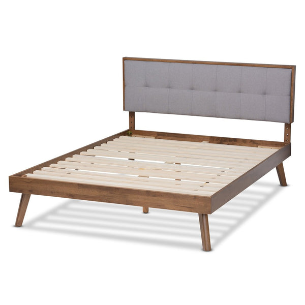 Baxton Studio Baxton Studio Alke Queen Size Mid-Century Modern Platform Bed with Upholstered Grey Headboard SW8180-Light Grey/Walnut-M17-Queen