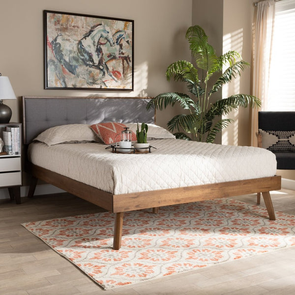 Baxton Studio Baxton Studio Alke Queen Size Mid-Century Modern Platform Bed with Upholstered Grey Headboard SW8180-Light Grey/Walnut-M17-Queen