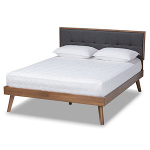 Baxton Studio Baxton Alke Mid-Century Modern Queen Size Platform Bed with Upholstered Headboard & Walnut Finish SW8180-Dark Grey/Walnut-M17-Queen