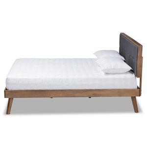 Baxton Studio Baxton Alke King Size Platform Bed - Mid-Century Modern Dark Grey Upholstered Walnut Wood Frame SW8180-Dark Grey/Walnut-M17-King