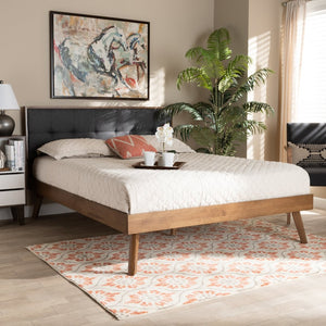 Baxton Studio Baxton Alke King Size Platform Bed - Mid-Century Modern Dark Grey Upholstered Walnut Wood Frame SW8180-Dark Grey/Walnut-M17-King