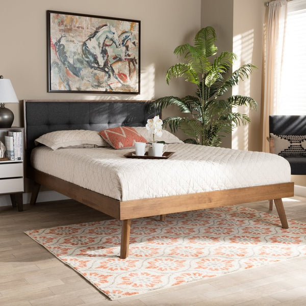 Baxton Studio Baxton Alke King Size Platform Bed - Mid-Century Modern Dark Grey Upholstered Walnut Wood Frame SW8180-Dark Grey/Walnut-M17-King