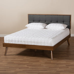 Baxton Studio Baxton Alke King Size Platform Bed - Mid-Century Modern Dark Grey Upholstered Walnut Wood Frame SW8180-Dark Grey/Walnut-M17-King