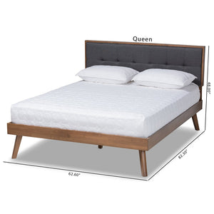 Baxton Studio Baxton Alke Mid-Century Modern Queen Size Platform Bed with Upholstered Headboard & Walnut Finish SW8180-Dark Grey/Walnut-M17-Queen