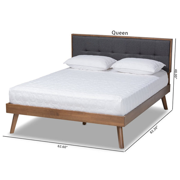 Baxton Studio Baxton Alke Mid-Century Modern Queen Size Platform Bed with Upholstered Headboard & Walnut Finish SW8180-Dark Grey/Walnut-M17-Queen
