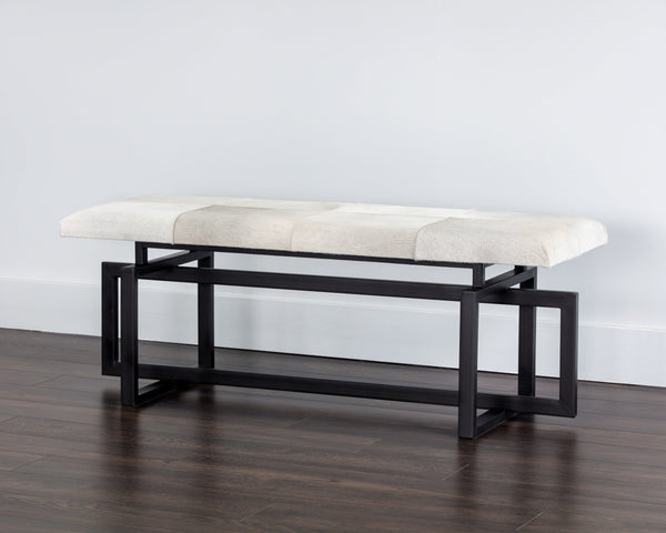 Sunpan Pilar Genuine Cowhide Bench with Black Iron Frame for Entryway or Bedroom 104803