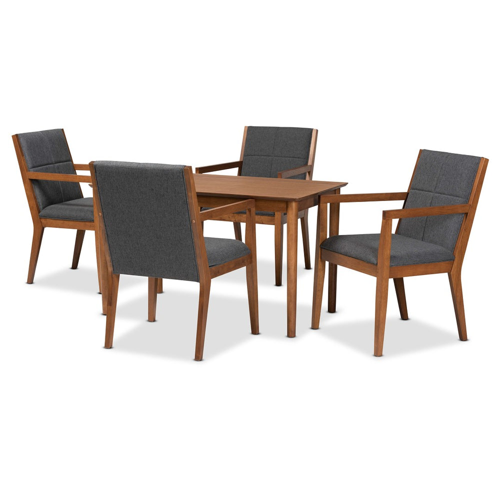 Baxton Studio Baxton Studio Theresa 5-Piece Mid-Century Modern Dining Set in Dark Grey Fabric & Walnut Finish BBT5390-Dark Grey/Walnut-5PC Dining Set