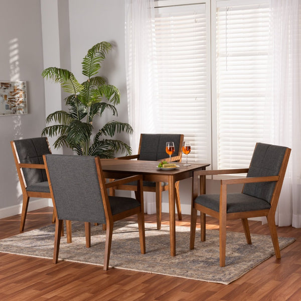 Baxton Studio Baxton Studio Theresa 5-Piece Mid-Century Modern Dining Set in Dark Grey Fabric & Walnut Finish BBT5390-Dark Grey/Walnut-5PC Dining Set