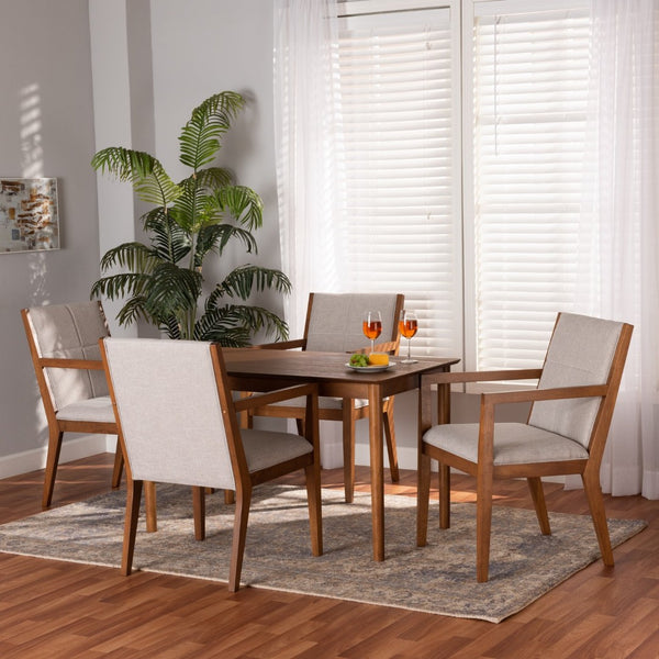 Baxton Studio Baxton Studio Theresa 5-Piece Mid-Century Dining Set with Walnut Finish & Greyish Beige Upholstery BBT5390-Greyish Beige/Walnut-5PC Dining Set