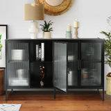 English Elm Stylish 4-Door Tempered Glass Cabinet With 4 Glass Doors Adjustable Shelf and Feet Anti-Tip Dust-Free Fluted Glass Kitchen Credenza Black