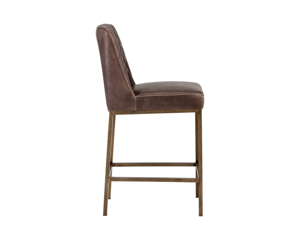 Sunpan Leighland Faux Leather Counter Stool with Diamond Stitching and Antique Brass Base 104907V