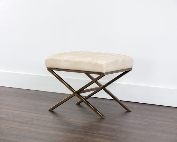 Sunpan Wisconsin Tufted Faux Leather Accent Stool with Antique Brass X Base Mid Century Glam 104952