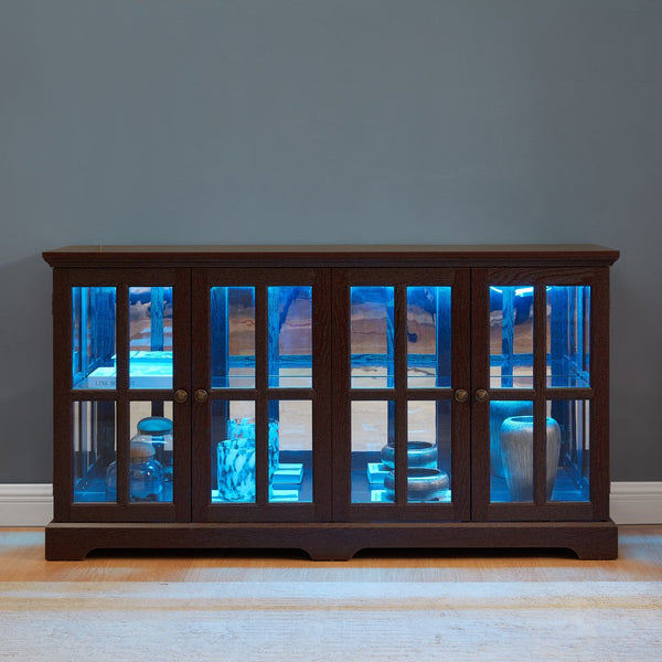 English Elm Led Curio Display Cabinet - Antique Cherry 4-Door Showcase With Adjustable Shelves & Colorful Lighting W2275P231691