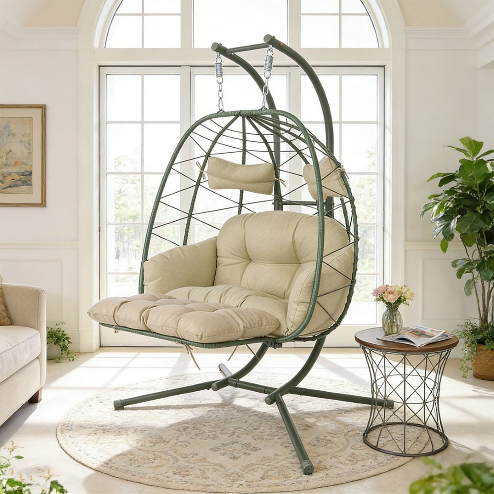 English Elm 2 Person Wicker Hanging Egg Chair with Stand Padded Swing for Patio or Garden T5880P500220