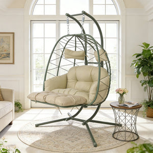 English Elm 2 Person Wicker Hanging Egg Chair with Stand Padded Swing for Patio or Garden T5880P500220