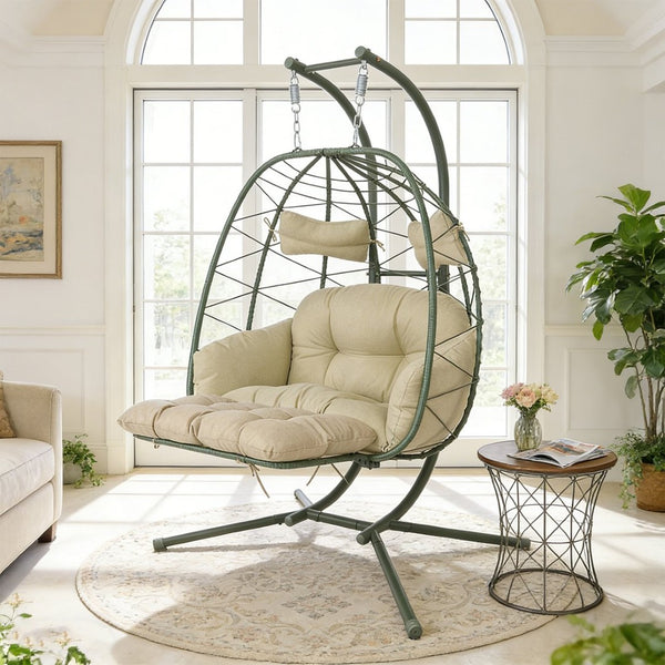 English Elm 2 Person Wicker Hanging Egg Chair with Stand Padded Swing for Patio or Garden T5880P500220
