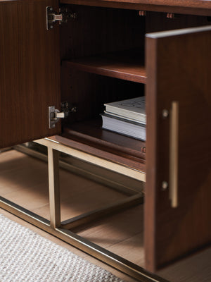 Lexington Sligh Cameron Media Console - Stylish Contemporary Design With Elegant Metal Base And Ample Storage Solutions Dark Brown Wood 104-661