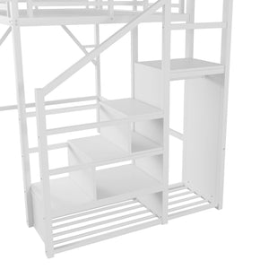 English Elm Full Size Loft Bed With Stairs & Shelves - Stylish Metal High Loft Bed For Kids & Teens, White Finish W2580S00032