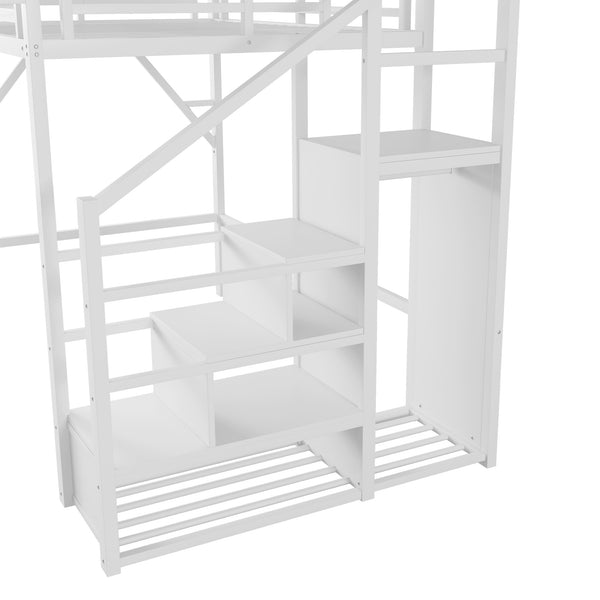 English Elm Full Size Loft Bed With Stairs & Shelves - Stylish Metal High Loft Bed For Kids & Teens, White Finish W2580S00032