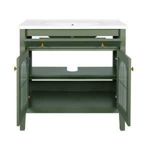 English Elm 35.6" Freestanding Bathroom Vanity with Roman Column Base and Ceramic Integrated Sink Green W1801S00014
