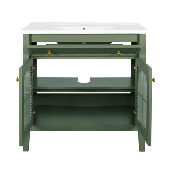 English Elm 35.6" Freestanding Bathroom Vanity with Roman Column Base and Ceramic Integrated Sink Green W1801S00014
