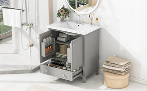 English Elm 30" Bathroom Vanity with Sink — Modern Freestanding 30" Cabinet with Ceramic Top, Drawer, Doors, Shelf Grey N725P221263E