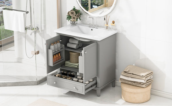 English Elm 30" Bathroom Vanity with Sink — Modern Freestanding 30" Cabinet with Ceramic Top, Drawer, Doors, Shelf Grey N725P221263E