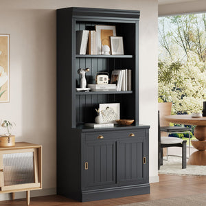 English Elm 83.4"Tall Modern Bookshelf With Sliding Doors, Adjustable Open Shelves For Home Office & Living Room N751S323420B