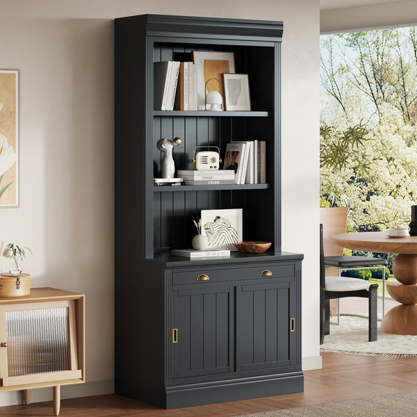 English Elm 83.4"Tall Modern Bookshelf With Sliding Doors, Adjustable Open Shelves For Home Office & Living Room N751S323420B