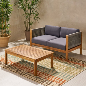 English Elm Christopher Knight Home® - Patio Loveseat & Coffee Table Set with Acacia Wood Frame, Rattan Rope Weave, Teak Cushions, Water-Resistant Finish 66338.00GRY