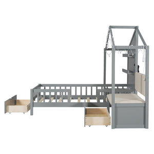 English Elm Twin House Bed Frame with Sofa Seating Led Lighting Drawers and Wireless Charging LP000521AAE-1