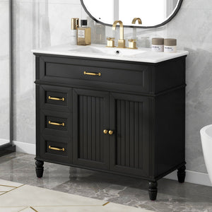 English Elm 36" Modern Bathroom Vanity with Ceramic Sink, Solid Wood + MDF Frame, Sleek Freestanding Design Black N725P195410B