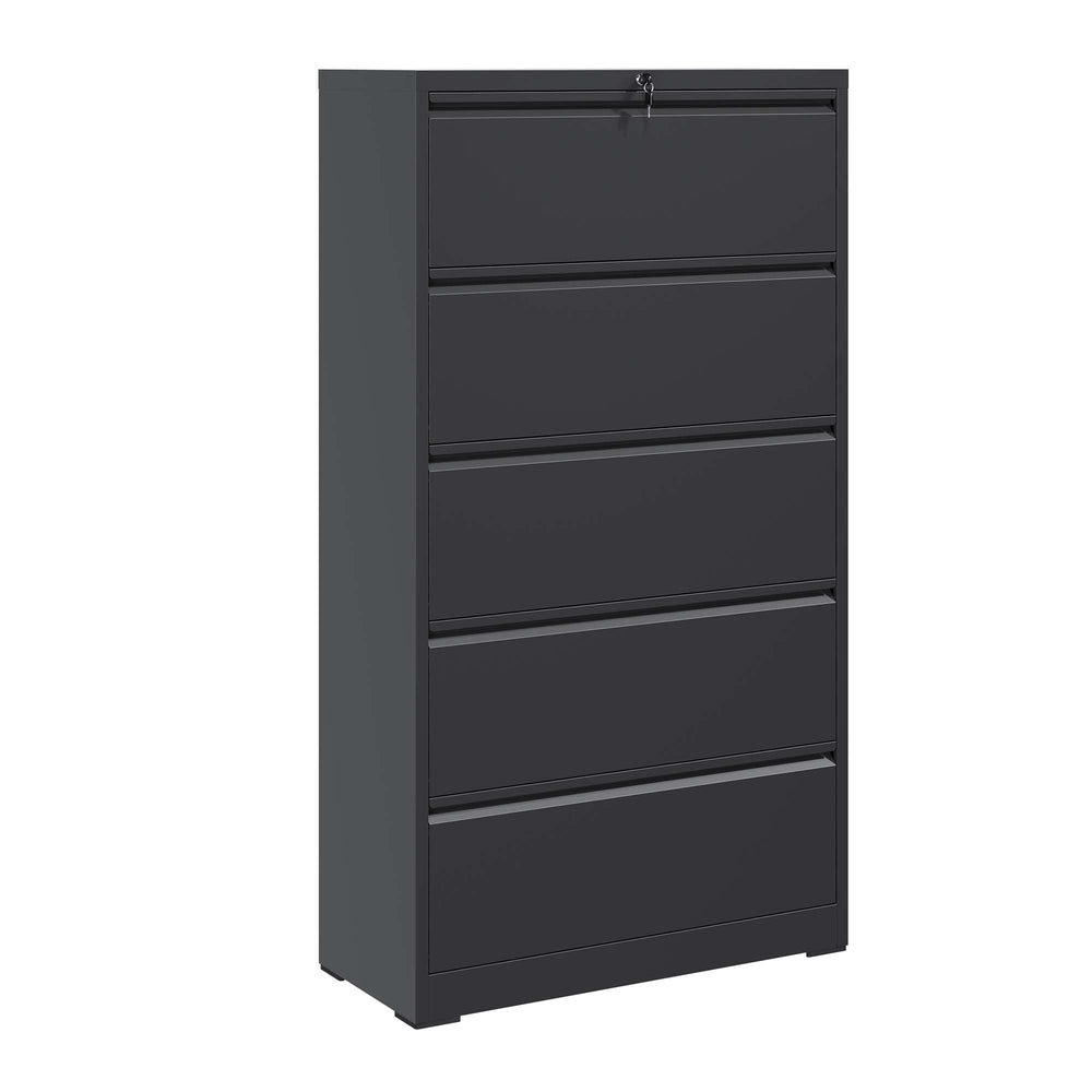 English Elm 5 Drawer Metal Lateral File Cabinet with Secure Locking System, Smooth Powder Coat, Quiet Ball-Bearing Slides for Heavy-Duty Legal and A4 Document Organization Black T2398P182180