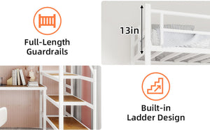 English Elm Loft Bed with L-shaped Desk Stair Storage and Full Guardrail Iron Frame White W1935S00008