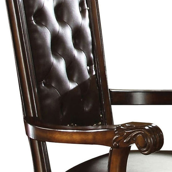 English Elm Espresso Tufted Back Arm Chairs Set of 2 with Cherry Wood Floral Carving, Faux Leather, Nailhead Trim B062P185666
