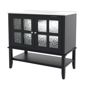 English Elm Christopher Knight Home® - 36" Bathroom Vanity with Ceramic Sink, Solid Wood Legs, Waterproof Finish, Soft-Close Hinges, Open Shelf, Silver Knobs Black N817P286249B