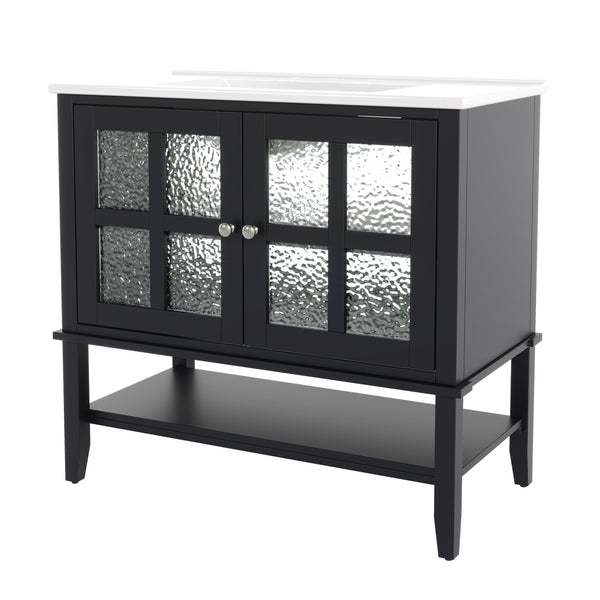 English Elm Christopher Knight Home® - 36" Bathroom Vanity with Ceramic Sink, Solid Wood Legs, Waterproof Finish, Soft-Close Hinges, Open Shelf, Silver Knobs Black N817P286249B