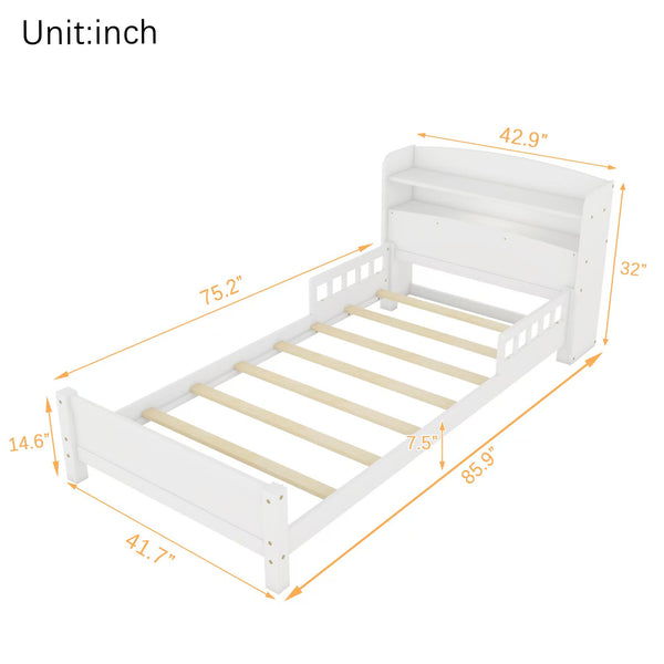 English Elm Twin Pine Wood Bed with Bookcase Headboard LED Motion Sensor Light Guardrails Ample Storage Space White W504P277596